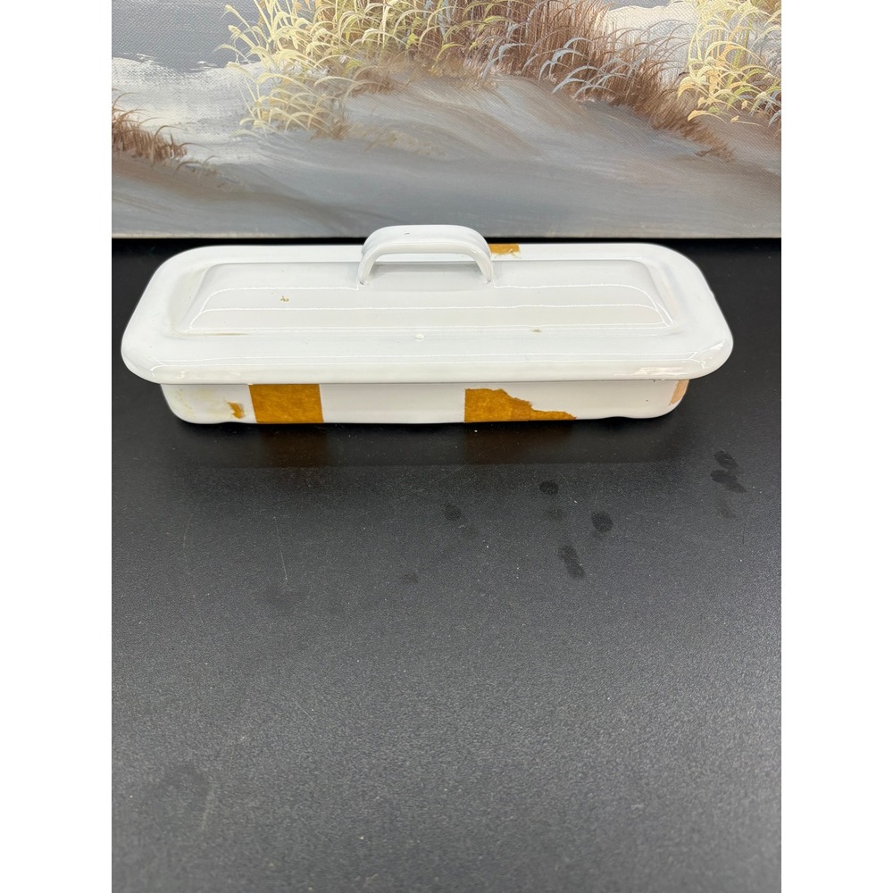 Vintage White Enamelware Medical Instrument Tray with Lid Black Trim 10 Inch